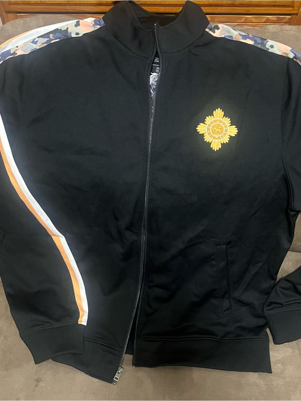 Akoo Black Bomber Jacket with Yellow Crest and Orange-Trim Stripes